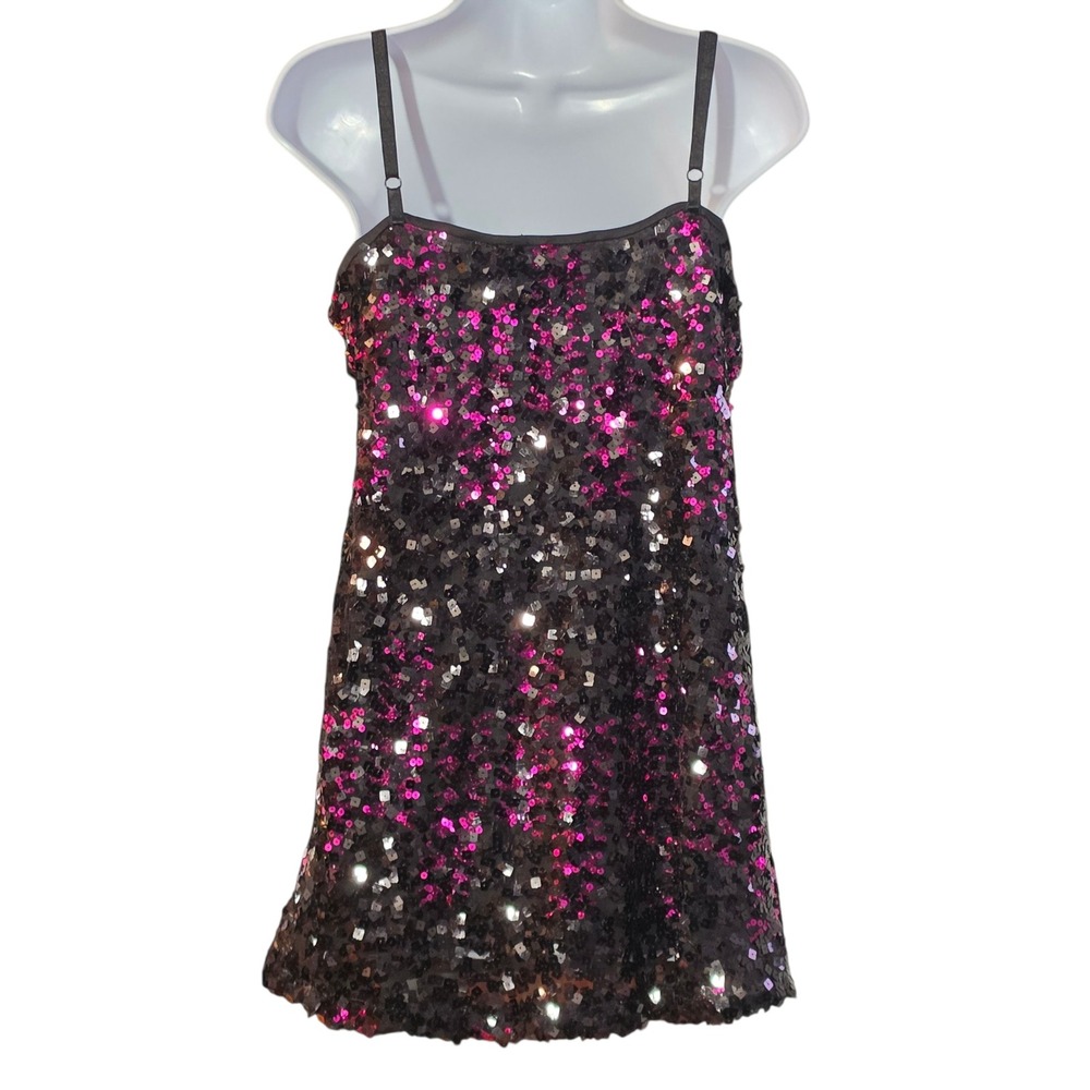 Y2K Wet Seal Womens Sequin Tank Top Black Pink V-Neck Adjustable Straps Size L - Picture 2 of 6